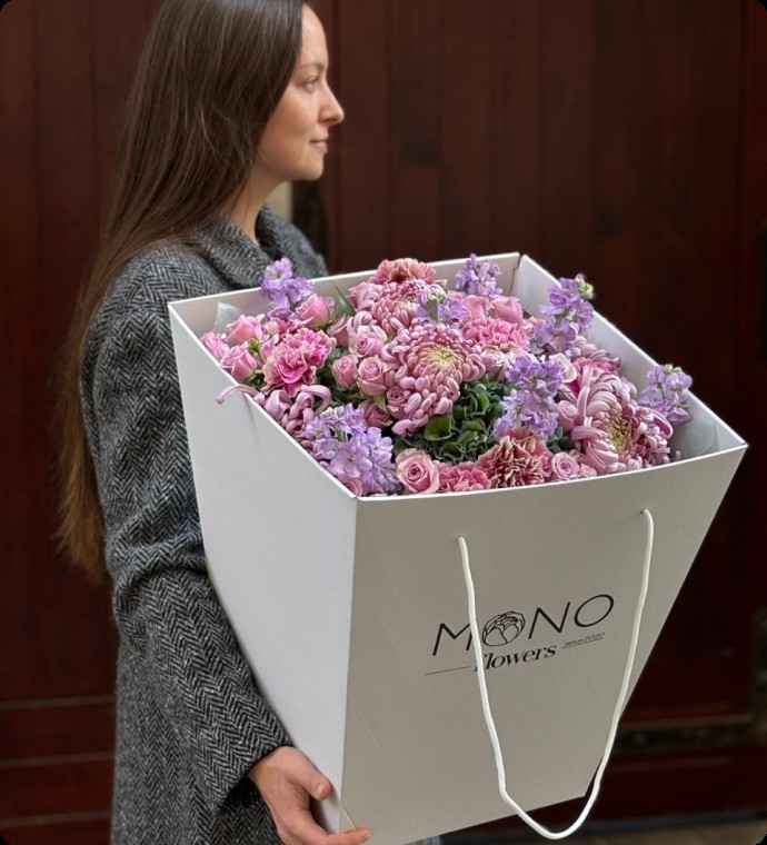 After we put the bouquet in a branded flower bag